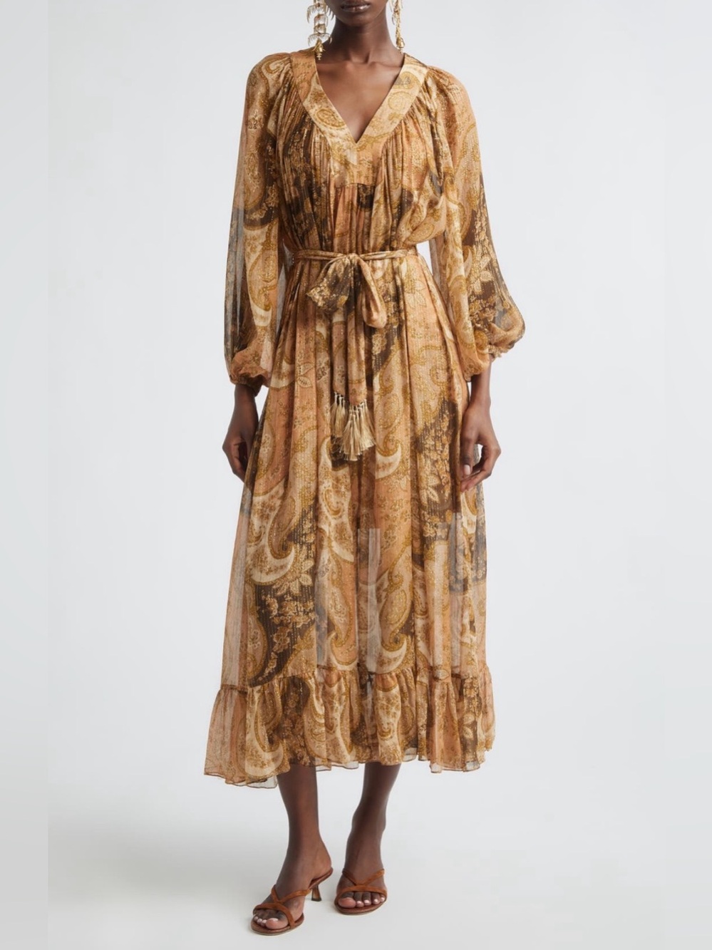 ZIMMERMANN Kindred Spirit Carousel Silk Midi Dress, Biscuit Paisley, NWT